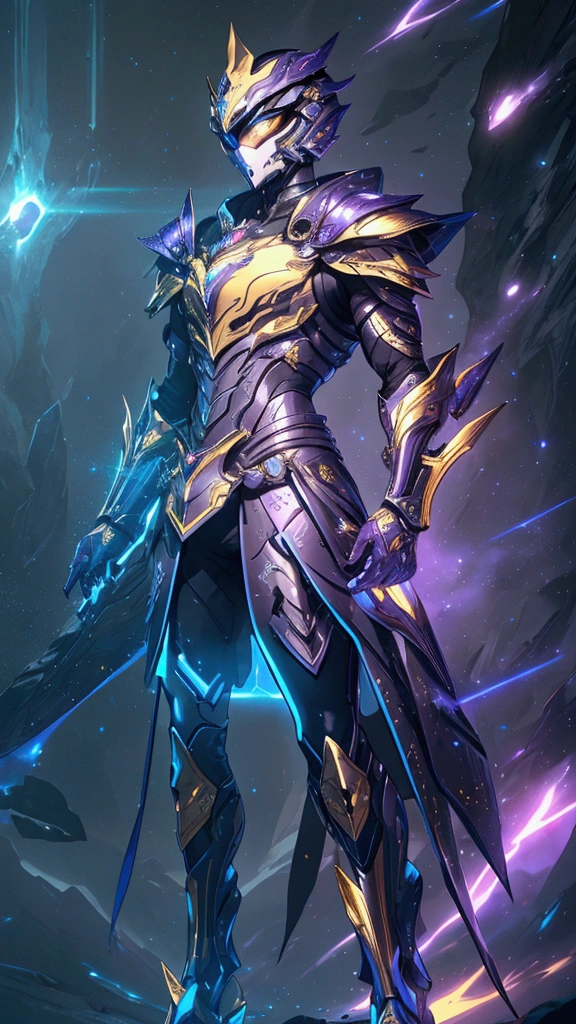 It's a man. The image presents a highly detailed and futuristic armor designed for a male warrior. The armor combines elements from different parts to create a cohesive and powerful look. Helmet: The helmet features a sleek, aerodynamic design with a golden metallic finish. It has a central crest that rises upwards, and the visor glows with a bright blue light, giving it a high-tech, futuristic appearance. Pauldrons (Shoulder Pads): The shoulder pads are designed to be close to the chest, with angular lines extending smoothly toward the shoulders. They have a polished golden finish and curve elegantly upward, creating a harmonious transition between the chest and shoulders, while providing a majestic and protective look. Chest Plate: The chest plate is intricately segmented, with a combination of gold and dark metallic blue. It has a gem-like crystal in the center that emits a soft, mystical glow. The design of the chest plate is both protective and regal, with sharp, angular lines that add to the overall futuristic aesthetic. Arm Guards: The arm guards are sleek and streamlined, with articulated golden and purple segments that offer flexibility and protection. The design of the gauntlets is both robust and elegant, incorporating futuristic elements that blend with the classic style. Leg Armor: The legs are armored with segmented plates that are primarily gold and purple. The boots are angular and sturdy, with a design that conveys both strength and agility. The overall look of the leg armor is grounded yet sleek, completing the ensemble with a powerful stance. The background of the image is a dark cosmic scene, filled with distant stars and nebulae that highlight the polished surfaces of the armor. Dynamic lighting is used to emphasize the key features, particularly the glowing visor and central chest gem, reinforcing the mystical and imposing nature of the warrior.