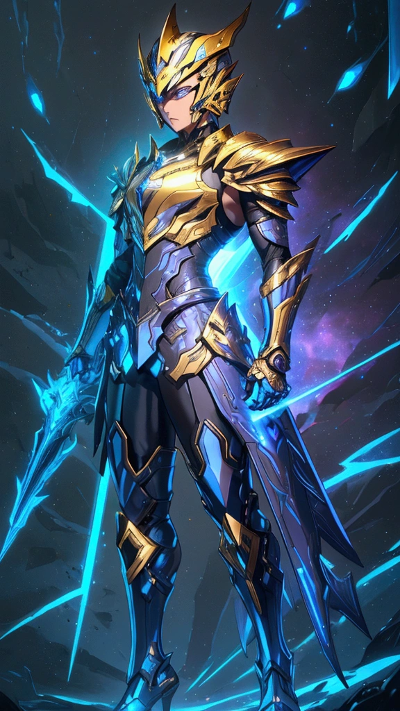 It's a man. The image presents a highly detailed and futuristic armor designed for a male warrior. The armor combines elements from different parts to create a cohesive and powerful look. Helmet: The helmet features a sleek, aerodynamic design with a golden metallic finish. It has a central crest that rises upwards, and the visor glows with a bright blue light, giving it a high-tech, futuristic appearance. Pauldrons (Shoulder Pads): The shoulder pads are designed to be close to the chest, with angular lines extending smoothly toward the shoulders. They have a polished golden finish and curve elegantly upward, creating a harmonious transition between the chest and shoulders, while providing a majestic and protective look. Chest Plate: The chest plate is intricately segmented, with a combination of gold and dark metallic blue. It has a gem-like crystal in the center that emits a soft, mystical glow. The design of the chest plate is both protective and regal, with sharp, angular lines that add to the overall futuristic aesthetic. Arm Guards: The arm guards are sleek and streamlined, with articulated golden and purple segments that offer flexibility and protection. The design of the gauntlets is both robust and elegant, incorporating futuristic elements that blend with the classic style. Leg Armor: The legs are armored with segmented plates that are primarily gold and purple. The boots are angular and sturdy, with a design that conveys both strength and agility. The overall look of the leg armor is grounded yet sleek, completing the ensemble with a powerful stance. The background of the image is a dark cosmic scene, filled with distant stars and nebulae that highlight the polished surfaces of the armor. Dynamic lighting is used to emphasize the key features, particularly the glowing visor and central chest gem, reinforcing the mystical and imposing nature of the warrior.