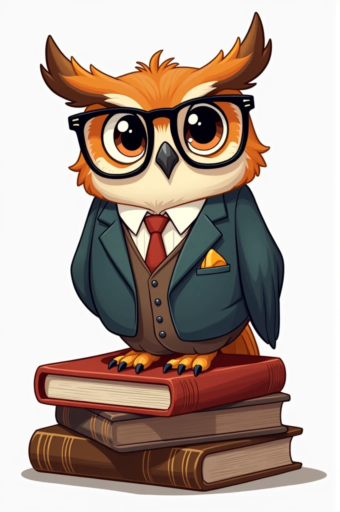An owl wearing a suit and glasses on top of some books, cartoon
