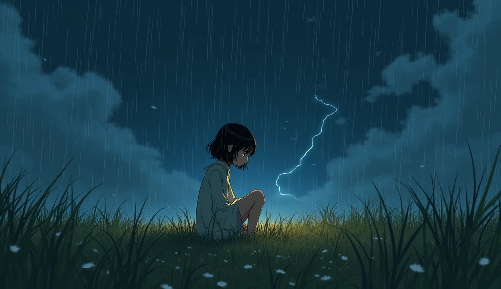 A GIRL ON KNEES AT NIGHT IN A FIELD ON A STORMY RAINY DAY, ART STYLE studio ghibliART STYLE studio ghibliART STYLE studio ghibli
