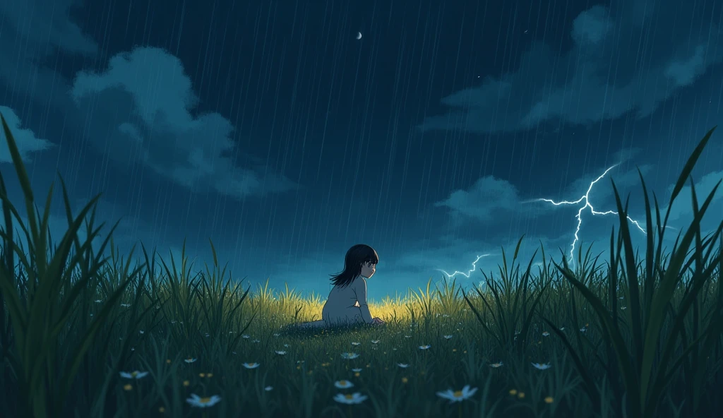 A GIRL ON KNEES AT NIGHT IN A FIELD ON A STORMY RAINY DAY, ART STYLE studio ghibliART STYLE studio ghibliART STYLE studio ghibli