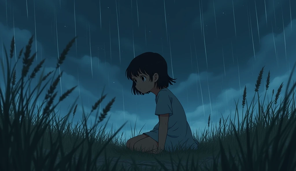 A GIRL ON KNEES AT NIGHT IN A FIELD ON A STORMY RAINY DAY, ART STYLE studio ghibliART STYLE studio ghibliART STYLE studio ghibli