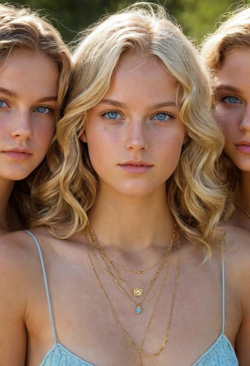 (photorealism:1.2), 4 beautiful young looking girls, , nude , wavy blonde hair, small breasts, slim, skinny body ,sunburnt skin, 2 small gold necklace , light blue eyes
Full frontal photo, wide view