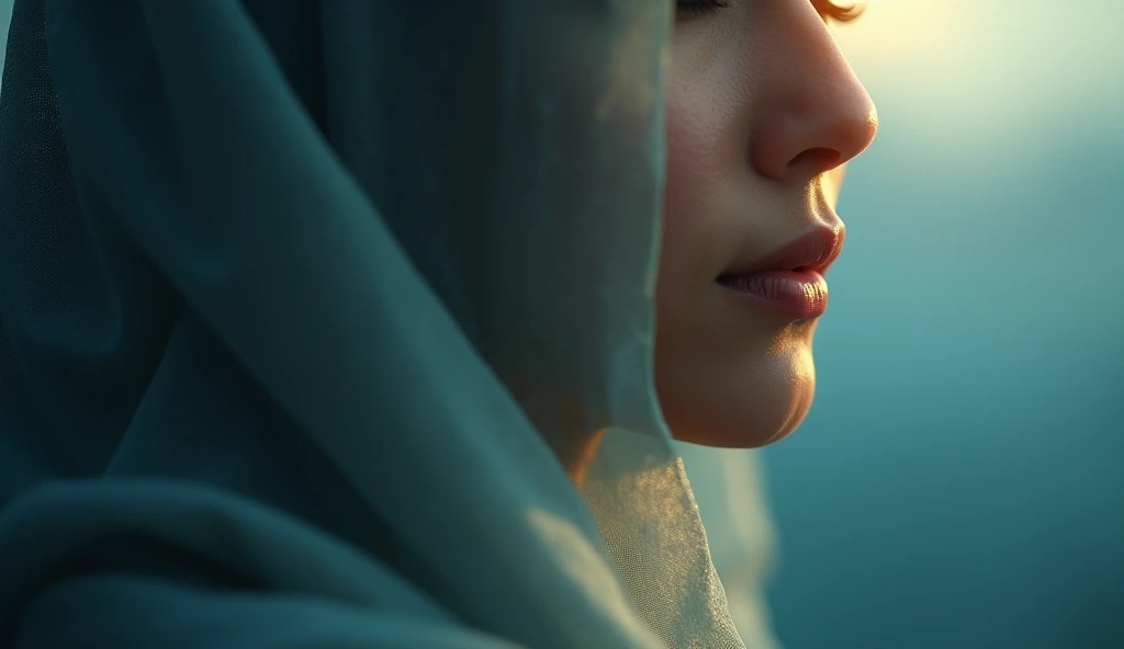 (photorealism:1.2), 

 close-up image of a woman,veiled, percaya diri and tenang, 

light shining from above, Background color, shades of blue or gold,

3. **Main Text**: Buat teks singkat and kuat "Tawakkal and Success." Gunakan font tebal and mudah dibaca, with a color that contrasts with the background (for example, white on a blue background,open hand icon,optimisme and kebahagiaan,

7. **Keyword Highlight**: Make sure the word "Tawakkal" and "Success" get special attention, perhaps by giving a glow or shadow effect to emphasize the importance of the words.