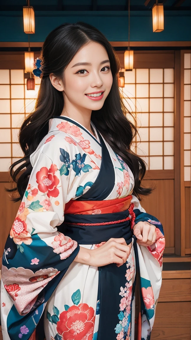 (SeaArt creates stunning illustrations of beautiful women in kimono)、Vividly colored Japanese Ukiyo-e style illustrations、A beautiful woman smiles and shows her upper white teeth、Brown-black long hair、Beautiful full body style、If you want to dance, let's dance, Tokyo Ondo, Yoi Yoi、Beautiful new digital paintings,、Bright vibrant digital anime art、 Beautiful anime portraits、background,Torii gate front of Japanese shrine、 Detailed digital anime art、