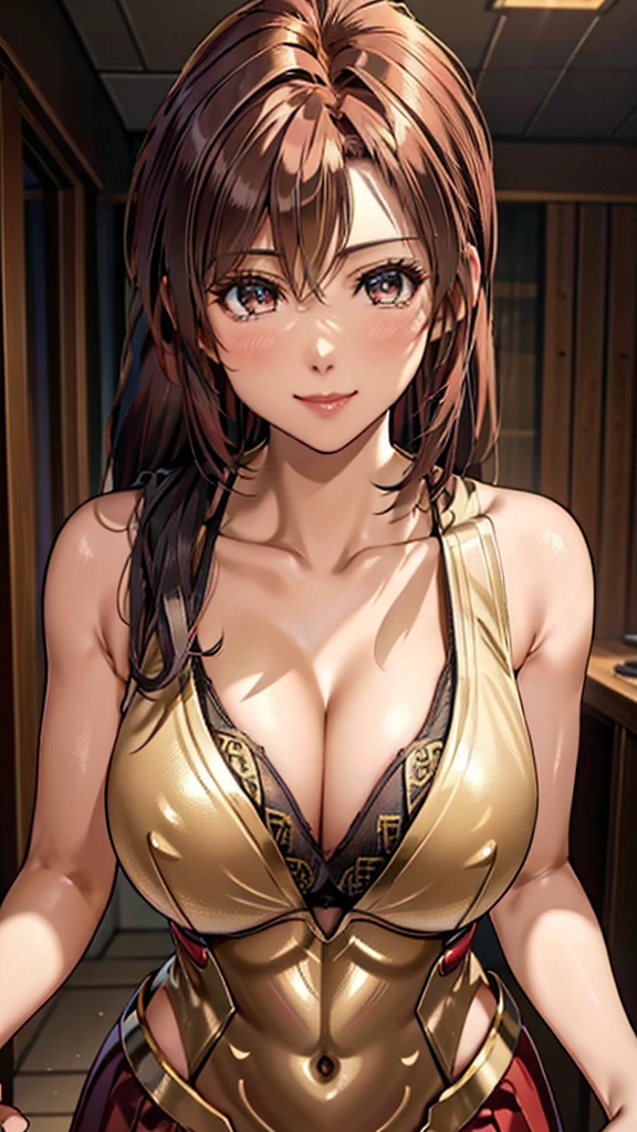 Gold Armor, 4K image, assembly, best quality, masterpiece, movie lighting ,Sexy,Large Breasts,Cleavage,action,In battle,Cleavage,Smile,noble,light beam from hand,Golden lightning surrounds,Red hair,Ponytail hairstyle,Saint Seiya Leo Aiolia,Blink,Lipstick,High purchase price