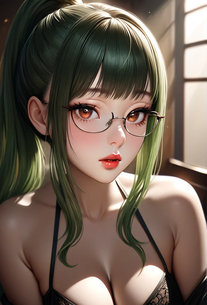 1girl, elegant erotic beautiful girl, ((long green hair with pony tail and straight bangs)), detailed face portrait, glasses, maxi dress, adultery, indecent, vulgar, (best quality,4k,8k,highres,masterpiece:1.2),ultra-detailed,(realistic,photorealistic,photo-realistic:1.37),intricate details, delicate facial features, beautiful amber eyes, ulzzang, long eyelashes, small nose, full lips, porcelain skin, natural lighting, warm color palette, chiaroscuro lighting, dramatic shadows, sensual, alluring, mature themes, artistic, dreamlike, ethereal, sideboob, cleavage, looking at viewer, ulzzang, (amber eyes), (close up face portrait),
