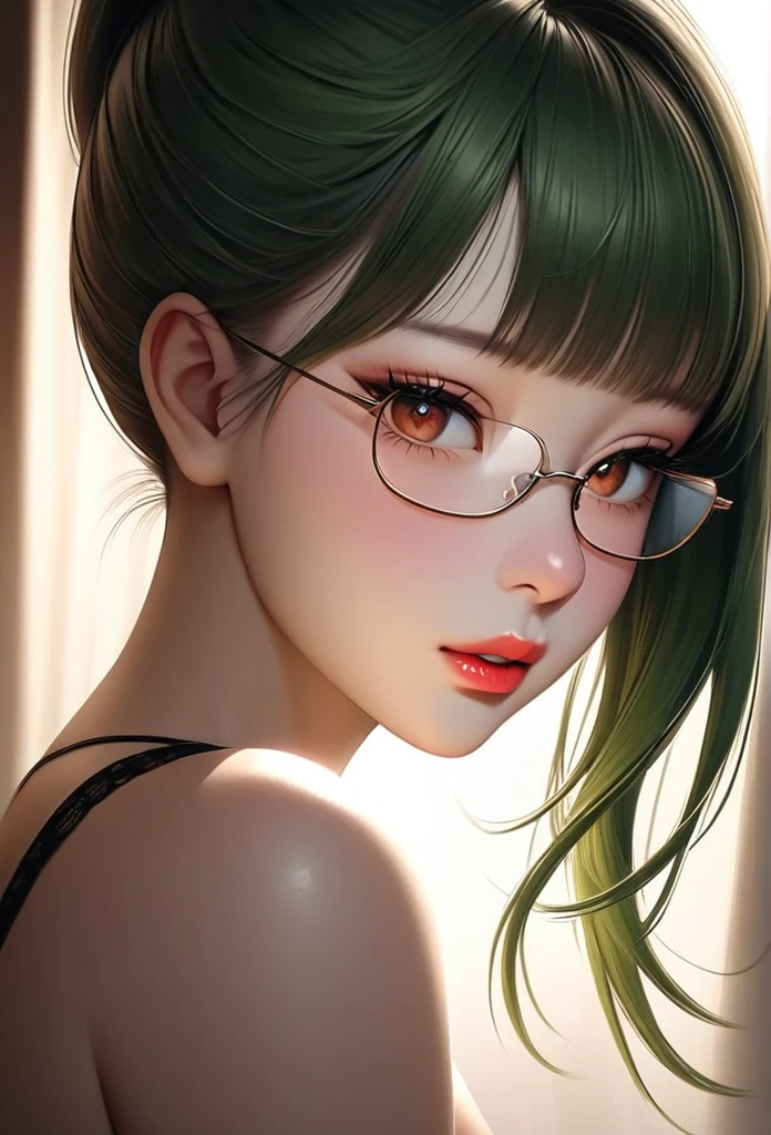 1girl, elegant erotic beautiful girl, ((long green hair with pony tail and straight bangs)), detailed face portrait, glasses, maxi dress, adultery, indecent, vulgar, (best quality,4k,8k,highres,masterpiece:1.2),ultra-detailed,(realistic,photorealistic,photo-realistic:1.37),intricate details, delicate facial features, beautiful amber eyes, ulzzang, long eyelashes, small nose, full lips, porcelain skin, natural lighting, warm color palette, chiaroscuro lighting, dramatic shadows, sensual, alluring, mature themes, artistic, dreamlike, ethereal, sideboob, cleavage, looking at viewer, ulzzang, (amber eyes), (close up face portrait),
