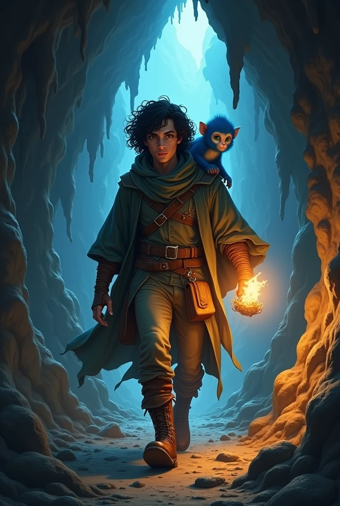 A twenty-three year old man, with black hair, curly and long to the shoulders. green eyes. walks through a dark cave with a torch in his hand. On his shoulder is a small, blue-furred dwarf monkey.