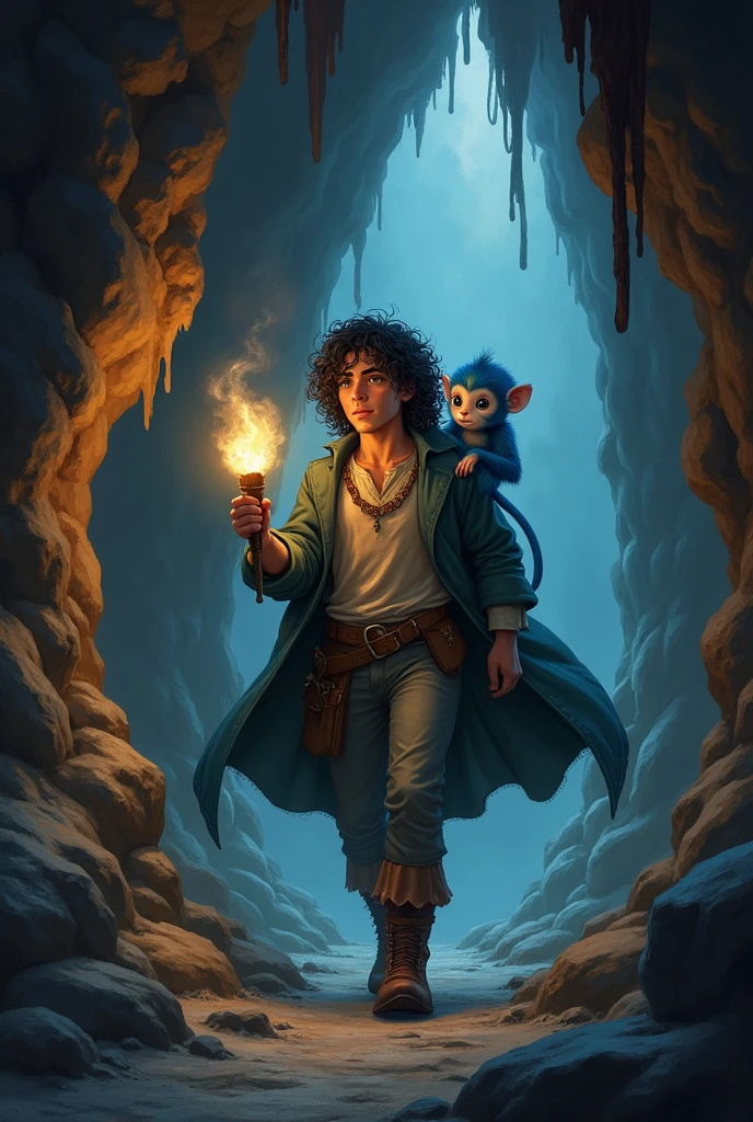 A twenty-three year old man, with black hair, curly and long to the shoulders. green eyes. walks through a dark cave with a torch in his hand. On his shoulder is a small, blue-furred dwarf monkey.
