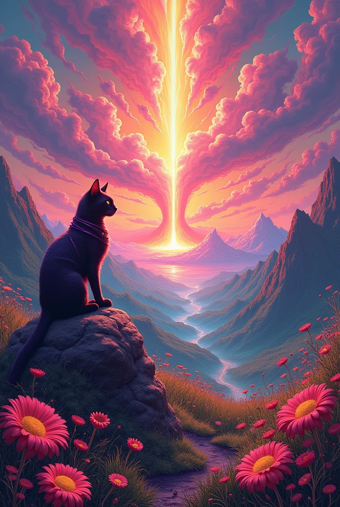 Create a psychedelic, surreal landscape with a glow, radiant sunbeam in the center, surrounded by whirlpools, neon colored clouds. The scene should present a vibrant, volcano spewing lava in the background, and a grassy field in the foreground filled with large, brightly colored daisies. Includes a cat figure dressed in shiny clothes, flowing robes, resting peacefully on a rock. The overall style should be highly detailed., with intense, saturated colors, bold contrasts, and a trip, supernatural atmosphere that blends natural and fantastic elements perfectly.