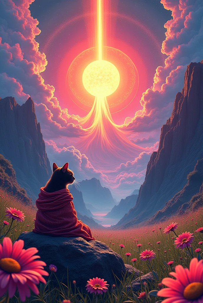 Create a psychedelic, surreal landscape with a glow, radiant sunbeam in the center, surrounded by whirlpools, neon colored clouds. The scene should present a vibrant, volcano spewing lava in the background, and a grassy field in the foreground filled with large, brightly colored daisies. Includes a cat figure dressed in shiny clothes, flowing robes, resting peacefully on a rock. The overall style should be highly detailed., with intense, saturated colors, bold contrasts, and a trip, supernatural atmosphere that blends natural and fantastic elements perfectly.