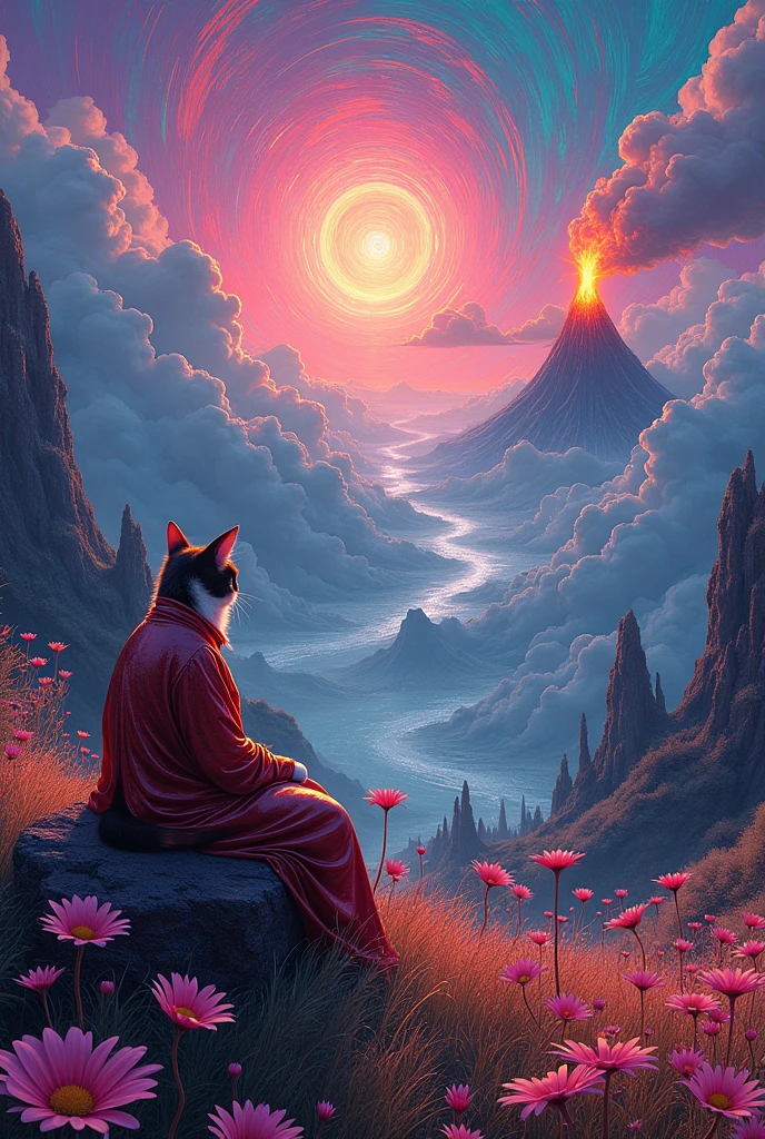 Create a psychedelic, surreal landscape with a glow, radiant sunbeam in the center, surrounded by whirlpools, neon colored clouds. The scene should present a vibrant, volcano spewing lava in the background, and a grassy field in the foreground filled with large, brightly colored daisies. Includes a cat figure dressed in shiny clothes, flowing robes, resting peacefully on a rock. The overall style should be highly detailed., with intense, saturated colors, bold contrasts, and a trip, supernatural atmosphere that blends natural and fantastic elements perfectly.