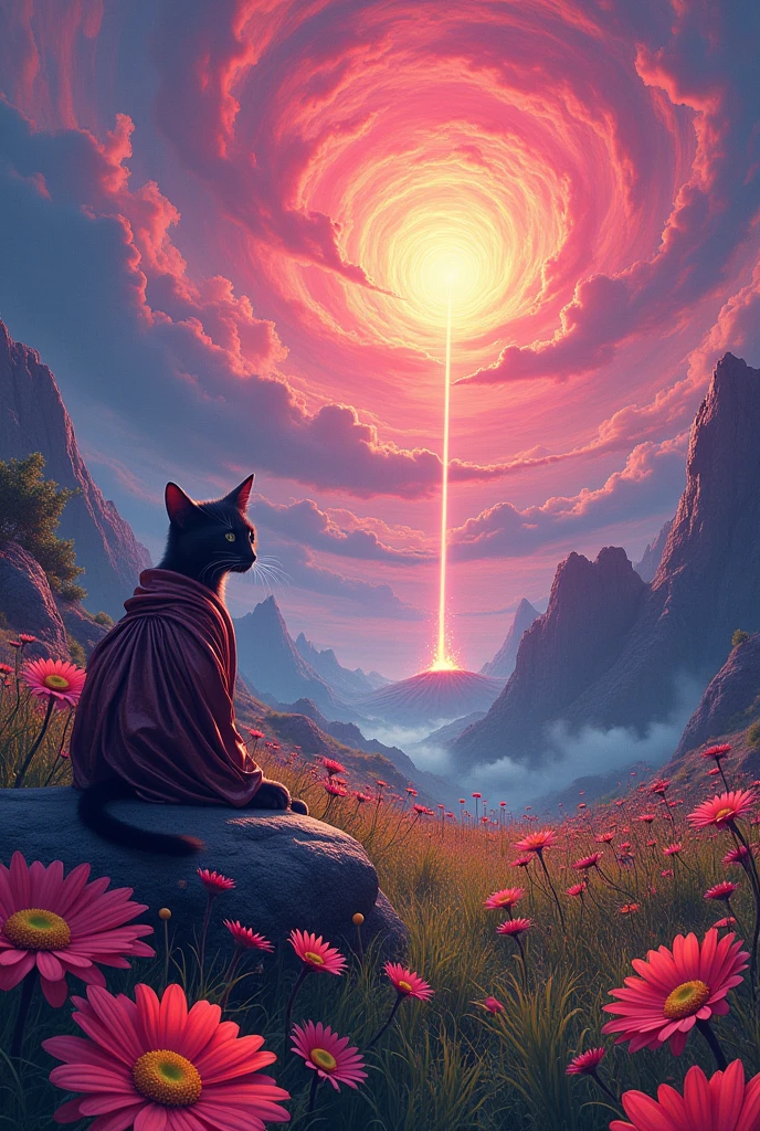 Create a psychedelic, surreal landscape with a glow, radiant sunbeam in the center, surrounded by whirlpools, neon colored clouds. The scene should present a vibrant, volcano spewing lava in the background, and a grassy field in the foreground filled with large, brightly colored daisies. Includes a cat figure dressed in shiny clothes, flowing robes, resting peacefully on a rock. The overall style should be highly detailed., with intense, saturated colors, bold contrasts, and a trip, supernatural atmosphere that blends natural and fantastic elements perfectly.