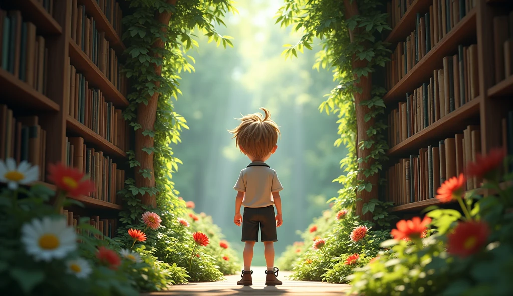 3d art, The back of ager boy with bright, a mop of unruly, sandy brown hair, stands at The channel between the bookshelves he finds the entrance of a hidden garden. He is wearing a crisp, school uniform with a white shirt and a black tie.
stands at the entrance of a hidden garde in the library. Sunlight filters through the trees, casting dappled shadows on the lush green foliage and vibrant flowers.
