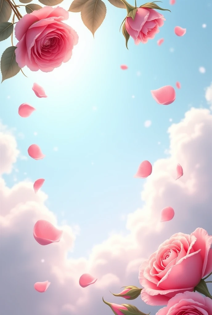Sky background with cloud , with roses on top and petals falling