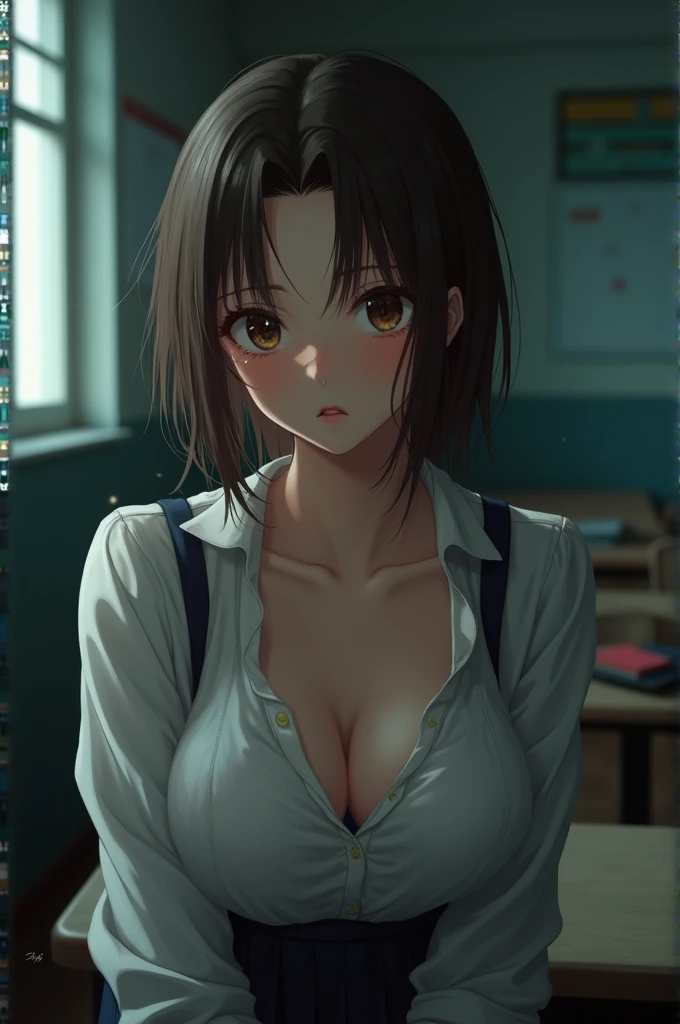 ((beautiful Japanese girl:1.3)) ((school uniform:1.4)) ((naked:1.5)) ((high school)),((dark blue skirt:1.3)) ((in the classroom:1.3) ) (( thin_cloth:1.4)) ((random sexy pose:1.3)) ((sweating:1.5))((flushing face:1.4)) ((big breasts:1.4)) ((close-up:1.2)) best quality, masterpiece , ultra high resolution, (photorealistic: 1.4), raw photo, (real skin texture: 1.3), (film grain: 1.3), panorama, character portrait, ultra wide shot, narrow waist, cowboy shot, (in the dark, deep shadows, low key, cold light,) night,(()), tears flowing,,dust, Tyndall effect,(expression),1girl,beautiful eye and face details,white jabot,brown eyes, ((hair brown:1.2)) ((whole body:1.3))