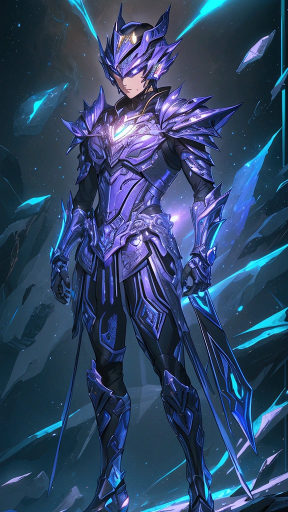 It's a man. The image presents a highly detailed and futuristic armor designed for a male warrior. The armor combines elements from different parts to create a cohesive and powerful look. Helmet: The helmet features a sleek, aerodynamic design with a golden metallic finish. It has a central crest that rises upwards, and the visor glows with a bright blue light, giving it a high-tech, futuristic appearance. Pauldrons (Shoulder Pads): The shoulder pads are designed to be close to the chest, with angular lines extending smoothly toward the shoulders. They have a polished golden finish and curve elegantly upward, creating a harmonious transition between the chest and shoulders, while providing a majestic and protective look. Chest Plate: The chest plate is intricately segmented, with a combination of gold and dark metallic blue. It has a gem-like crystal in the center that emits a soft, mystical glow. The design of the chest plate is both protective and regal, with sharp, angular lines that add to the overall futuristic aesthetic. Arm Guards: The arm guards are sleek and streamlined, with articulated golden and purple segments that offer flexibility and protection. The design of the gauntlets is both robust and elegant, incorporating futuristic elements that blend with the classic style. Leg Armor: The legs are armored with segmented plates that are primarily gold and purple. The boots are angular and sturdy, with a design that conveys both strength and agility. The overall look of the leg armor is grounded yet sleek, completing the ensemble with a powerful stance. The background of the image is a dark cosmic scene, filled with distant stars and nebulae that highlight the polished surfaces of the armor. Dynamic lighting is used to emphasize the key features, particularly the glowing visor and central chest gem, reinforcing the mystical and imposing nature of the warrior.