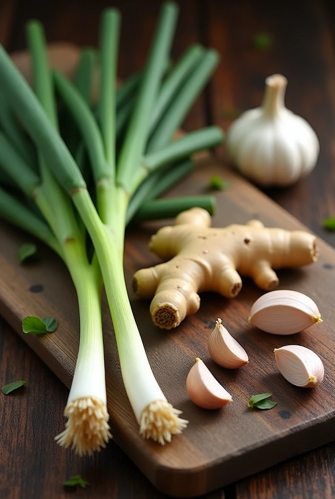 Green onion, ginger, garlic,Old wooden planks