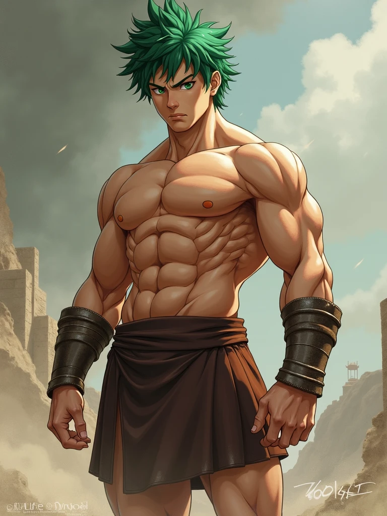 spartan shirtless Midoriya Izuku, , athletic physique, Green hair, Green eyes.