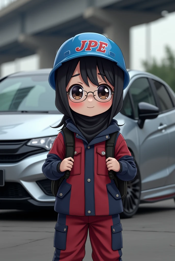 anime cute large chubby girl with glasses wearing black hijab. using dark red and dark blue oil and gas coveralls, black backpack, blue helmet with JPE logo font in red. modified silver honda jazz gk5 2018 background.