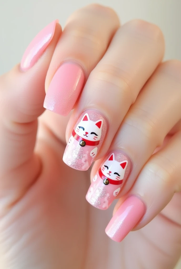 Pink Japanese Cat Design Nails
