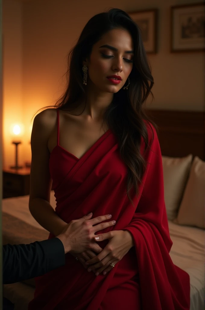 ChatGPT
You said:
I want to make a photo can you give me a script in realistic
ChatGPT said:
ChatGPT
You said:
want to make a photo can you give me a script in realistic
ChatGPT said:
ChatGPT
ChatGPT said:
ChatGPT
Sure, I can help with that. Could you give me a bit more detail on the type of photo you're aiming for and what kind of script you're looking for? Are you thinking of a photo for a specific occasion, or do you need guidance on composition and subjects?
You said:
A indian beautiful in a sari lady long hair beautiful smile soft light in the bed loosely blouse slim body red lips aur uski kamar sari se dikh rahi ho and romantic sourding sari color dark red in a room sari upar se khuli ho aur kamar me lapti ho hair poen ho and a human in a six pach touch his stomach in softly and woman close his eyes romantic mahol ho time night hi candle jal rahi ho realistic imagine
ChatGPT said:
ChatGPT
Got it! Here’s a detailed script to help you capture that scene:
Title: "Romantic Elegance"
Setting: A softly lit bedroom at night, with a warm and inviting ambiance. Candles are lit around the room, casting a gentle glow.
Subjects:
Woman:
Attire: A dark red sari, draped loosely from the shoulders, with the pallu elegantly spread. The sari is wrapped snugly around her waist, accentuating her slim figure.
Hair: Long and flowing, left open to cascade over her shoulders.
Expression: A serene, romantic smile with her eyes gently closed.
Makeup: Subtle, with red lips that stand out gently against her soft, natural makeup.
Man:
Attire: Casual, perhaps a fitted shirt that reveals his toned physique. He has visible abs.
Pose: Gently touching his stomach with one hand, in a relaxed and affectionate manner.
Composition:
Lighting: Soft, ambient light from the candles enhances the romantic atmosphere. The light should highlight the woman’s sari and her graceful pose without overpowering the scene.
Backdrop: The room should be softly decorated to complement the mood—