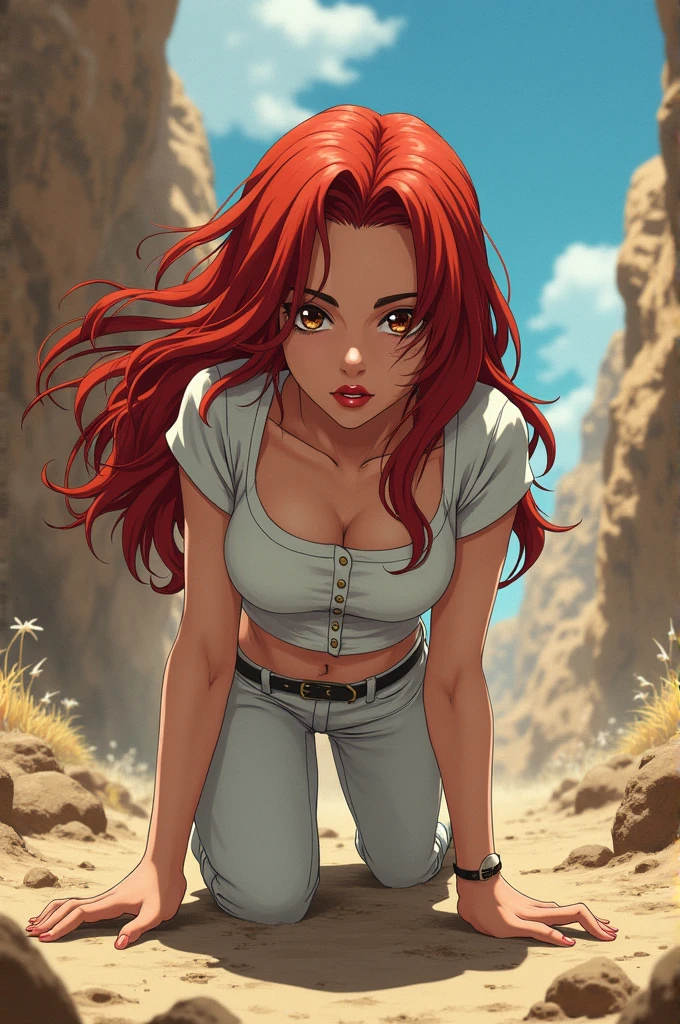 jojos bizarre adventure vento aureo anime screen cap of beautiful young woman with long wavy red hair, brown eyes, red lipstick, wearing a white cropped button up top with most of the buttons undone and highwaisted white pants. injured, missing her eye. she should be army crawling on the ground. scenery should be sardonia