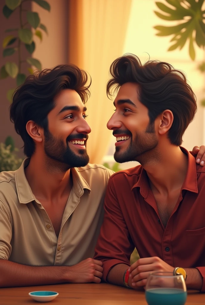 Amit and Sanjay's resemblance or spending time together, where they are shown smiling and friendly.