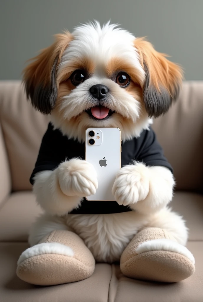 create a realistic photo of a white caramel and brown shitzu dog smiling with a black t-shirt, sitting on the couch looking at the white iphone 15 pro max cell phone in his hands. show him in full body sitting like a human with his legs crossed and slippers on his feet