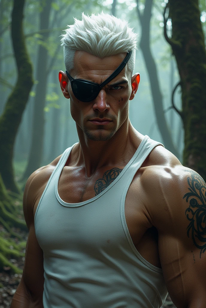 Slade Wilson eye patch young white hair scar in a lost abandoned forest background photo for profile mustache young man style fanart clothes white tank top tattoo 