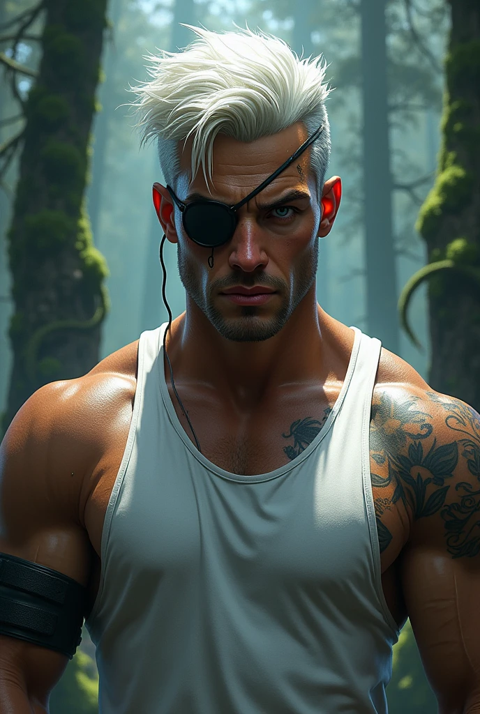 Slade Wilson eye patch young white hair scar in a lost abandoned forest background photo for profile mustache young man style fanart clothes white tank top tattoo