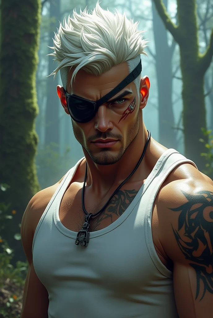 Slade Wilson eye patch young white hair scar in a lost abandoned forest background photo for profile mustache young man style fanart clothes white tank top tattoo 