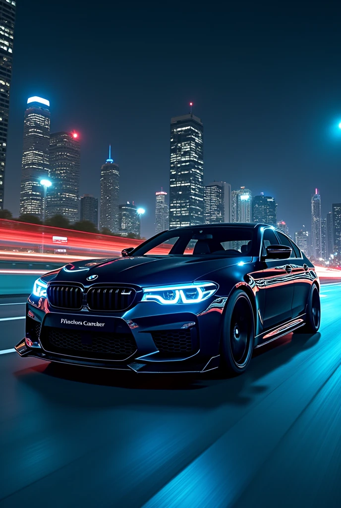 bmw m5 cs 2023 black edition on highway at night with high sky scrapers in the background, and blue neon light
