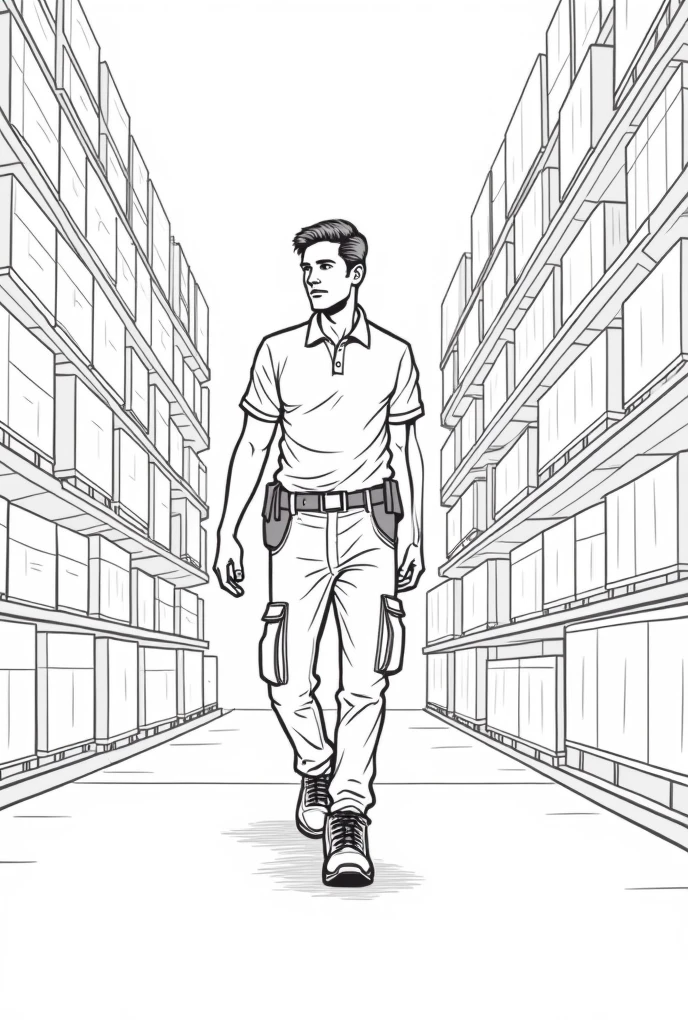 Generate an illustration, just black and white line art, of a man in service clothes, works in a warehouse, organizing the products 