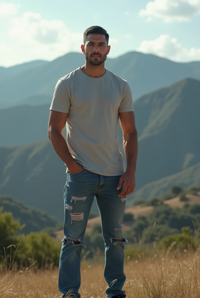 A handsome Indonesian man with a clean face, very short black hair with the sides faintly visible, Ideal muscular body,Wearing a T-shirt, slightly torn jeans, sneakers, with a Hollywood mountain background. Realistic hd 
