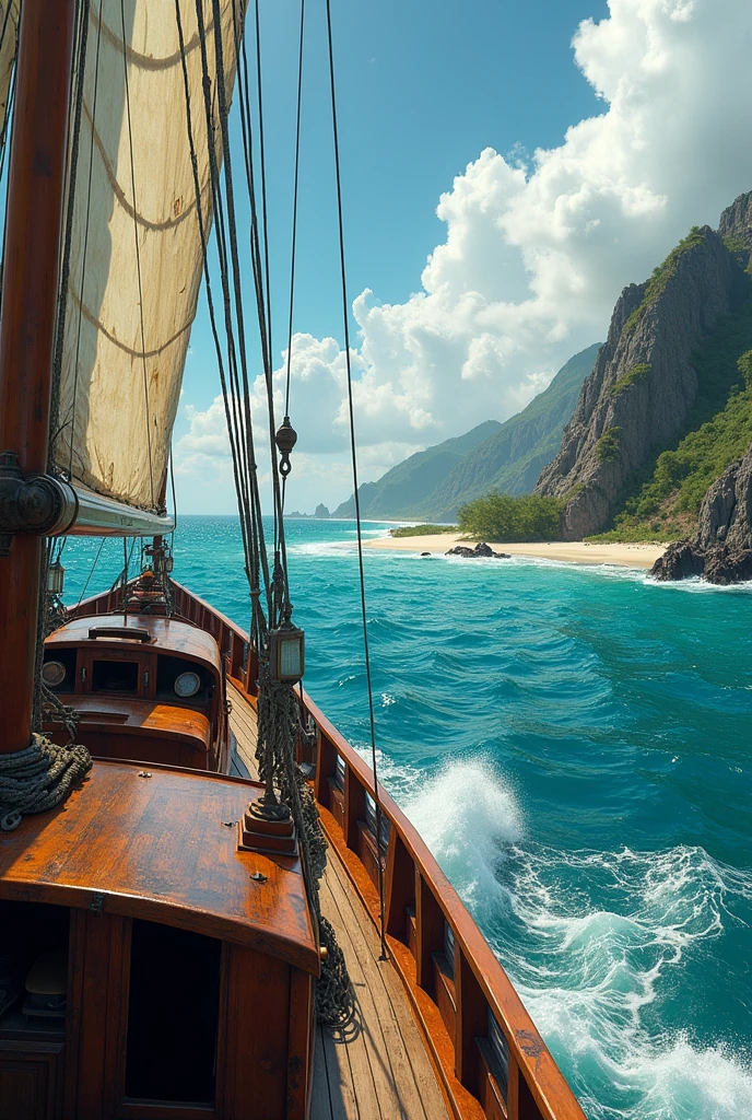 Shipping on a boat in the water in kuba, rocks and beach, view from the boat, hyperrealistic