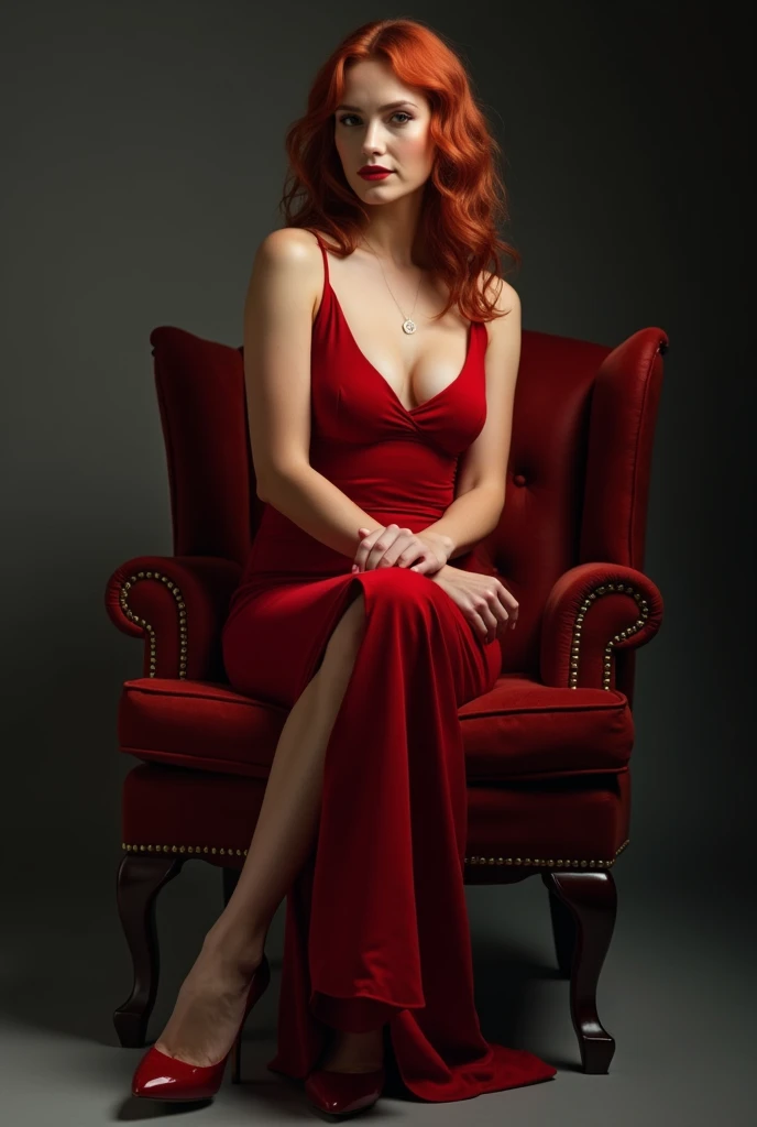 Sophia Lillis, slender body, long wavy hair, thick thighs, wide hips, photo studio, sitting with her legs crossed in a wingback chair, tight elegant red dress