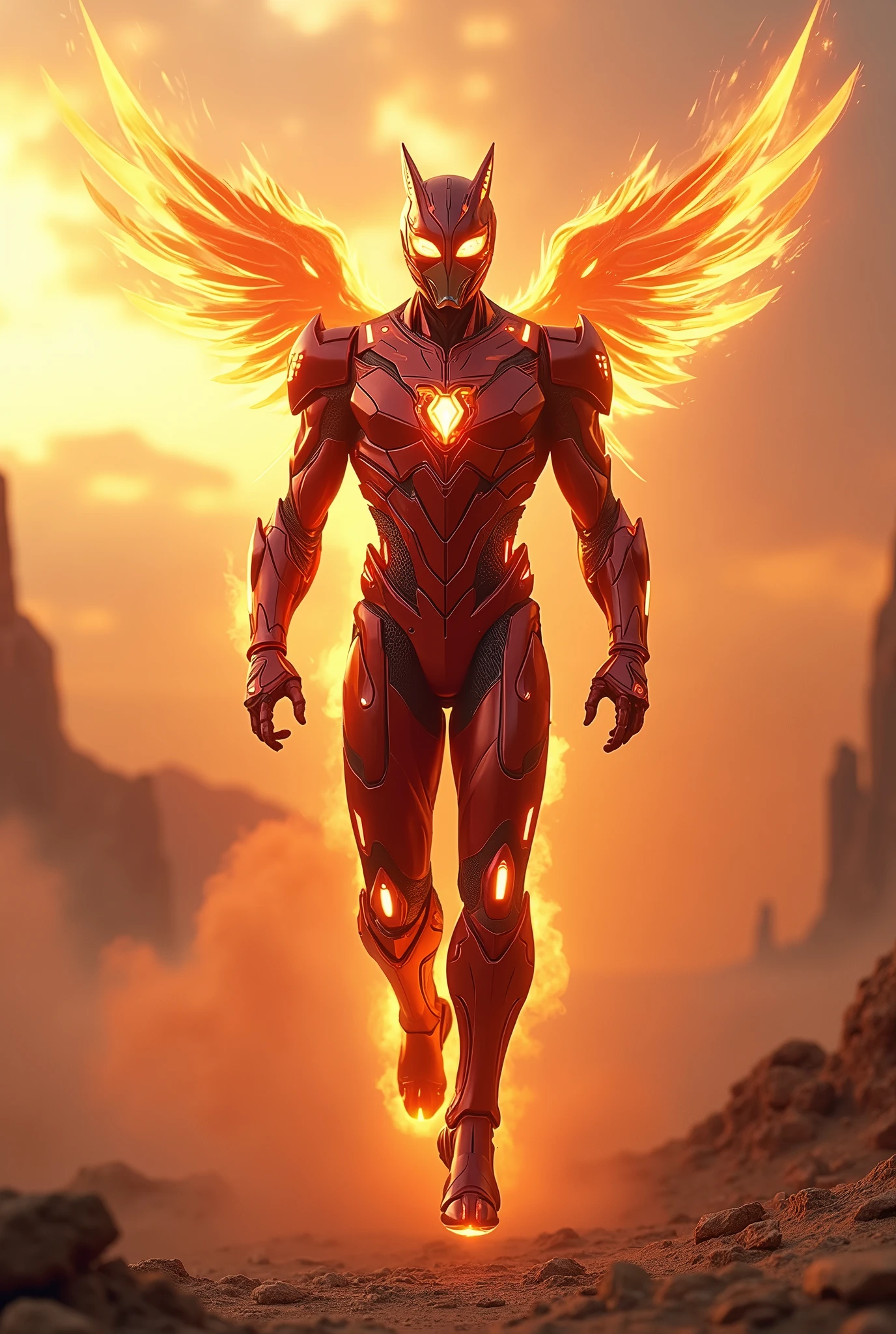 Create superhero with suit full body armour look alike kamen rider with phoenix element smoke effect background at desert lava effect on suit floating on the air