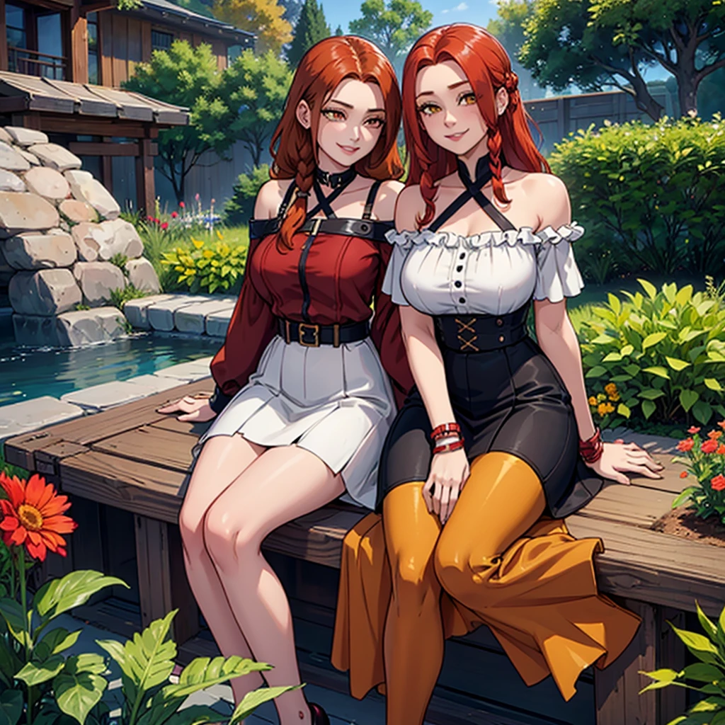 women, natural redhead, long hair with 2 braids, honey yellow eyes, black flared short skirt, Wine red off shoulder blouse with details, sitting on a bench in a garden, Whole body, mischievous smile, bright smile, chest a little big.