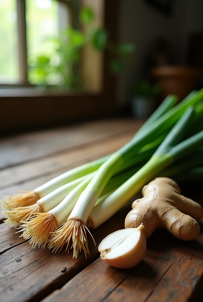 Green onion, ginger, garlic，Old wooden planks，kitchen，Tyndall Light