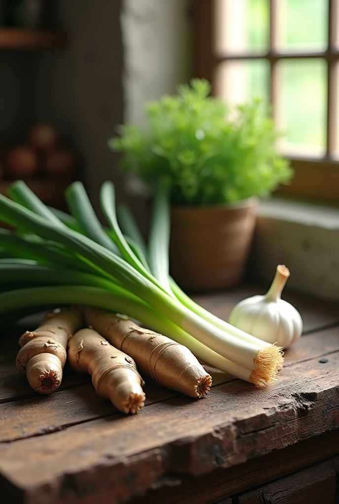 Green onion, ginger, garlic,Old wooden planks,kitchen,Tyndall Light