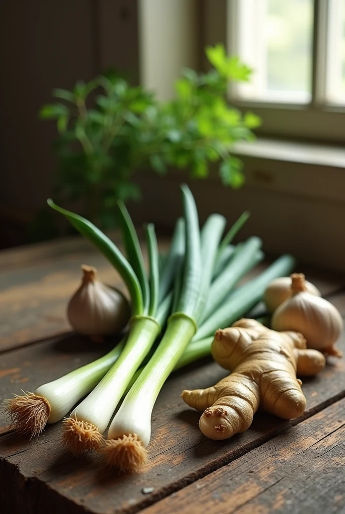 Green onion, ginger, garlic,Old wooden planks,kitchen,Tyndall Light