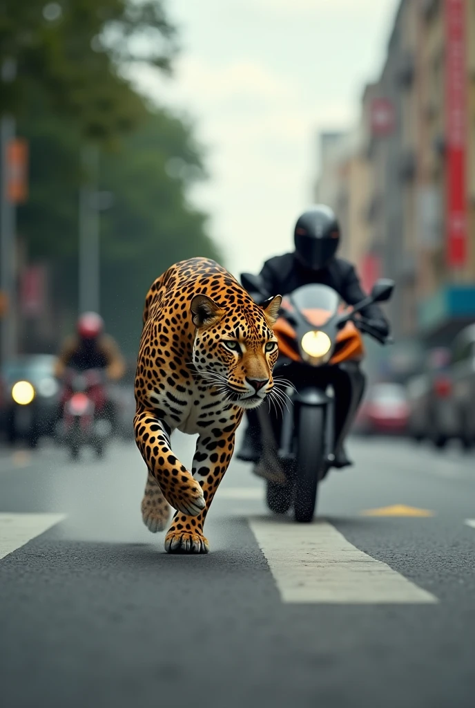 A leopard running across a street and almost getting hit by a speeding motorcycle
