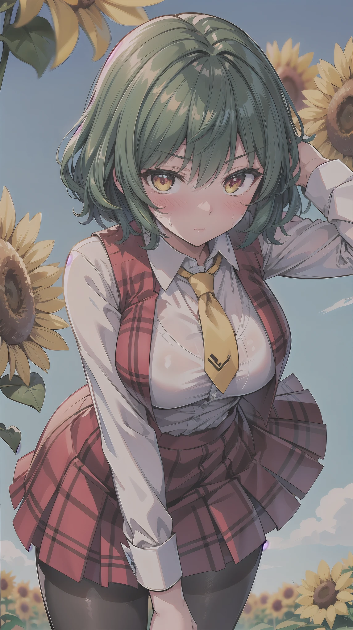 （（super high quality,Ultra-high resolution,16K,super masterpiece,Ultra HD ,Detailed shading,））One Woman,Wavy, shiny, bright emerald short hair,White dress shirt,Long sleeve,Yellow ruffled tie,（Unbuttoned red checked vest,Checkered red very long skirt,）Black tights,Ruby glowing eyes,Vertical pupil,Sharp Eyes,Embarrassing,blush,Sweaty,The wind blows up, messing up her hair and skirt.,Leaning forward greatly,a blue sky with clouds and sun,Sunflower field,