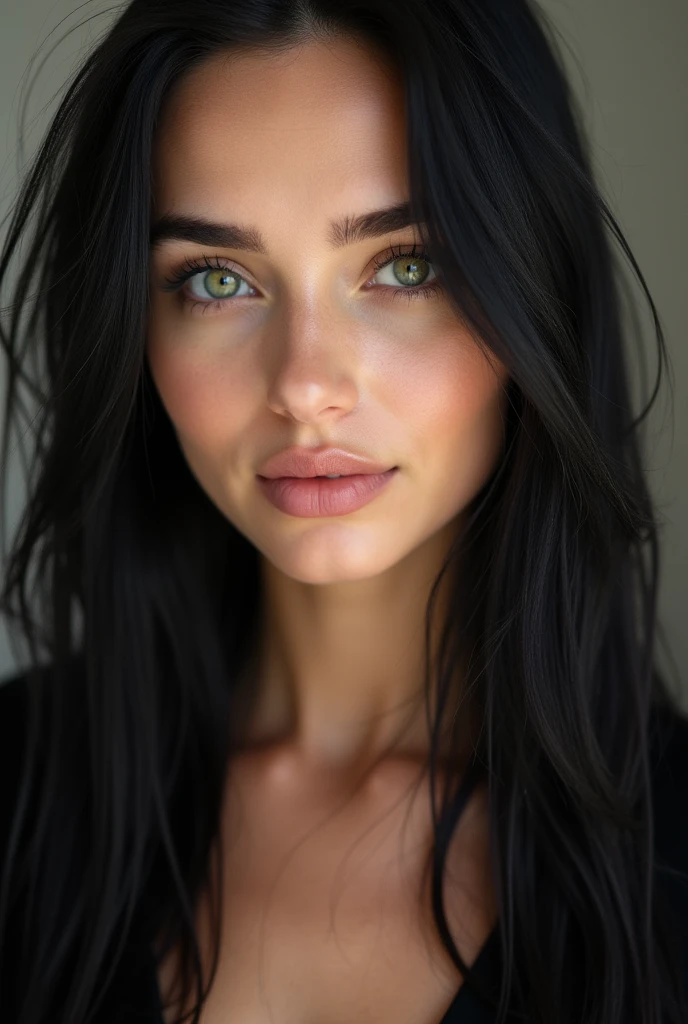 a women with fair skin, pure green eyes ,pink full lips button nose,jet black hair, siren eyes long eyelashes,straight silky hair. She Is a architect profesional.