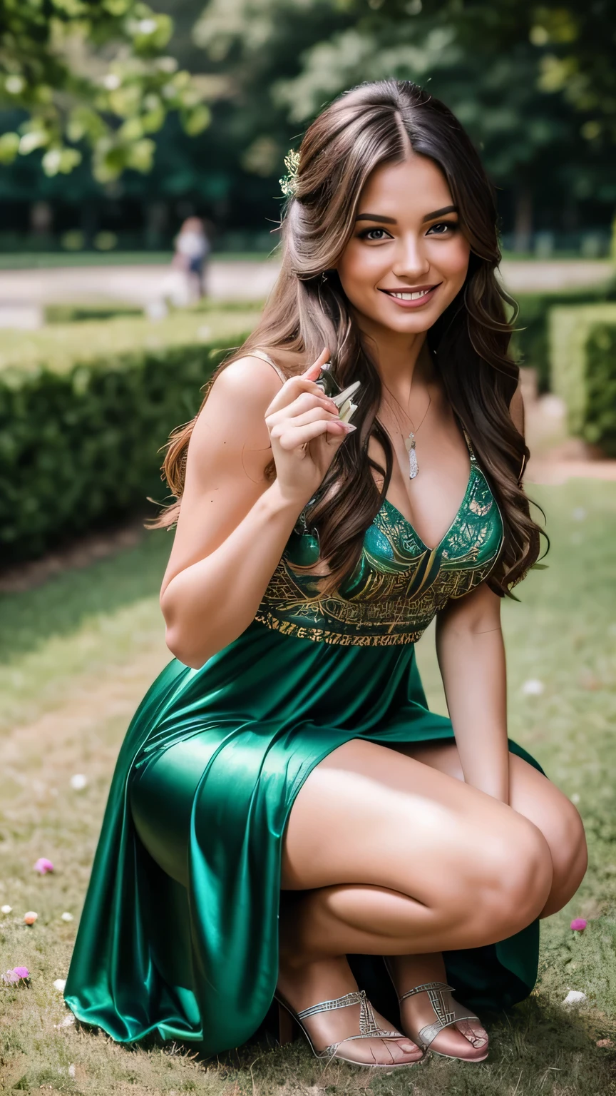 Realistic full body photo of a smiling brunette with long hair, She dances in front of the camera in a long A-line dress with straps made of shiny green satin.., Park,glamour fotoshooting, Wedding celebration, perfect anatomy, perfect brown eyes. Perfect hands with 5 fingers on each hand, Matching girl, look into the camera, 1 Frau. (Eye make up:1.1), (highly detailed skin:1.1), spirit, analog style, keen focus, 8K  UHD, dslr, good quality, Fujifilm XT3, Grain, Award-winning, ​masterpiece. Wedding celebration. She crouches down, picks flowers and shows her beautiful long dress. Beautiful shoes