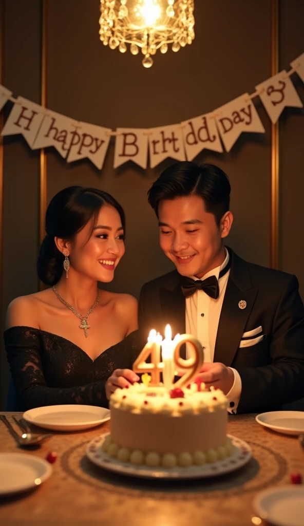 a 49 th birthday celebration dinner an Indonesian lady and a gentleman wearing upscale attires, the lady is wearing a necklace with a cross at the end, hyper realistic, UHD image, delightful and cheerful. Both people are facing camera. The gentleman is giving a birthday give to the lady. There is a cake with candle number 49. A banner behind with a caption "Happy Birth Day, Diah"