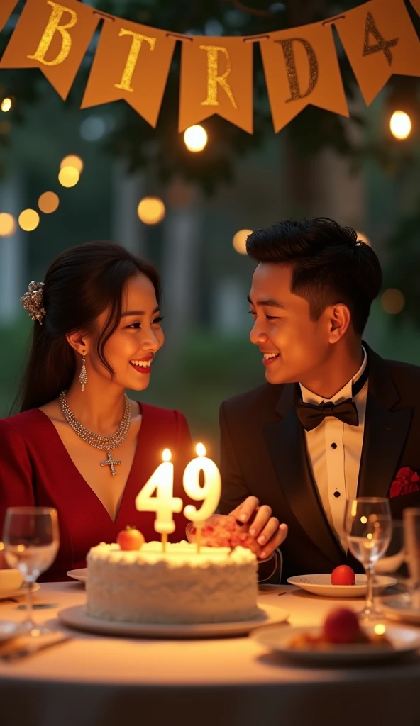 a dinner celebration attended by an Indonesian lady and a gentleman. Both wearing upscale business attires. The gentleman's hair style is very short. The lady wearing a beautiful Diamond necklace with cleavage is seen nicely, both facing the camera. all smile. There is a birthday cake with candle. In the cake there is writing of "Happy Birthday".The gentleman is giving a birthday gift to the lady. photo realistic, UHD.
