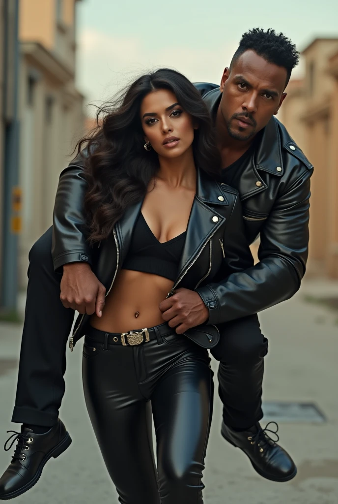 Nora fatehi in black leather jacket lifting and picking up a chubby man in her arms 
